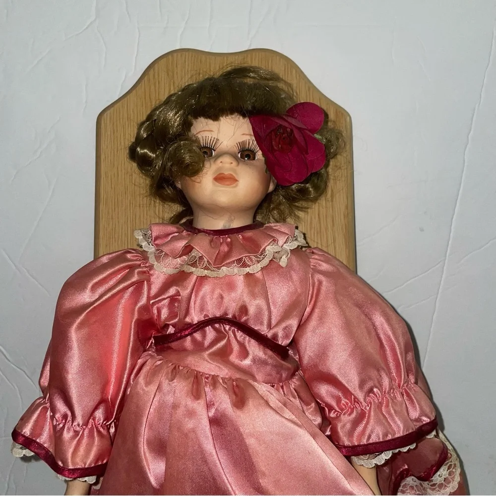 Vintage Porcelain Girl in Pink Dress Doll on Wooden Plaque Wall Decor